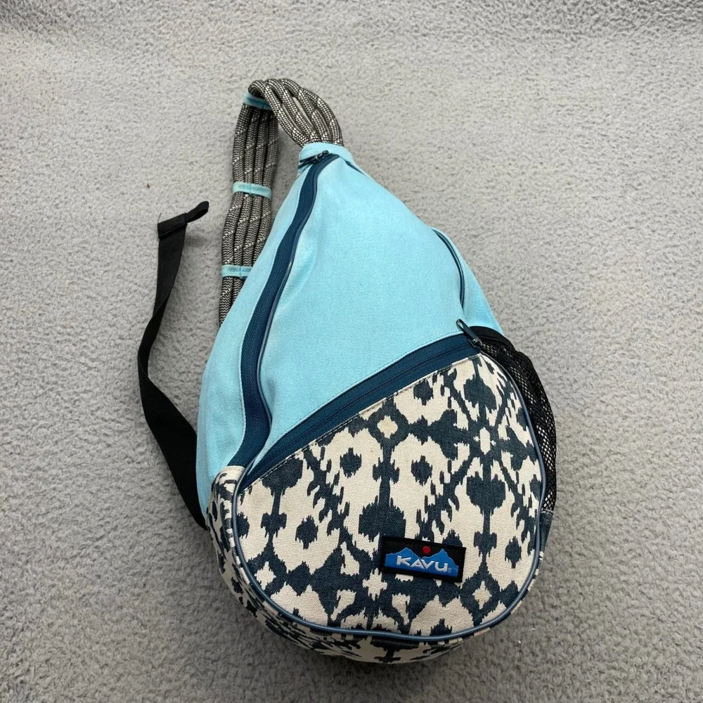 KAVU Rope Bag Crossbody Blue Ikat Canvas Sling Backpack Ergonomic Outdoor Bag